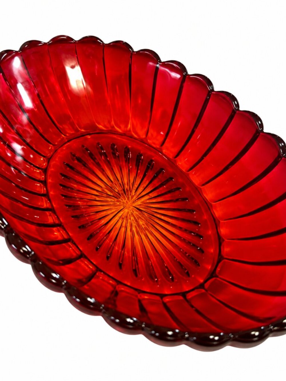 SB-75--Vintage Ruby Red Imperial Glass Pillar & Flute Oval Serving Bowl